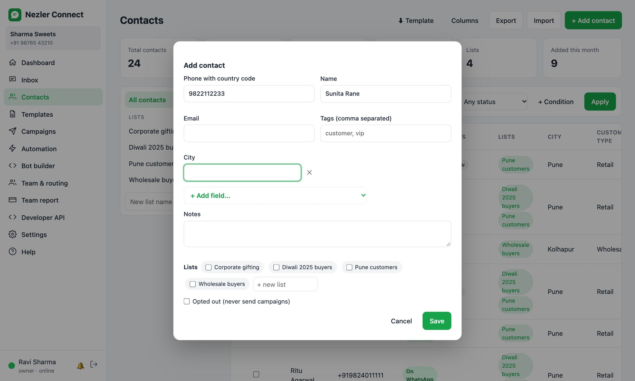 Adding a contact with an extra City field