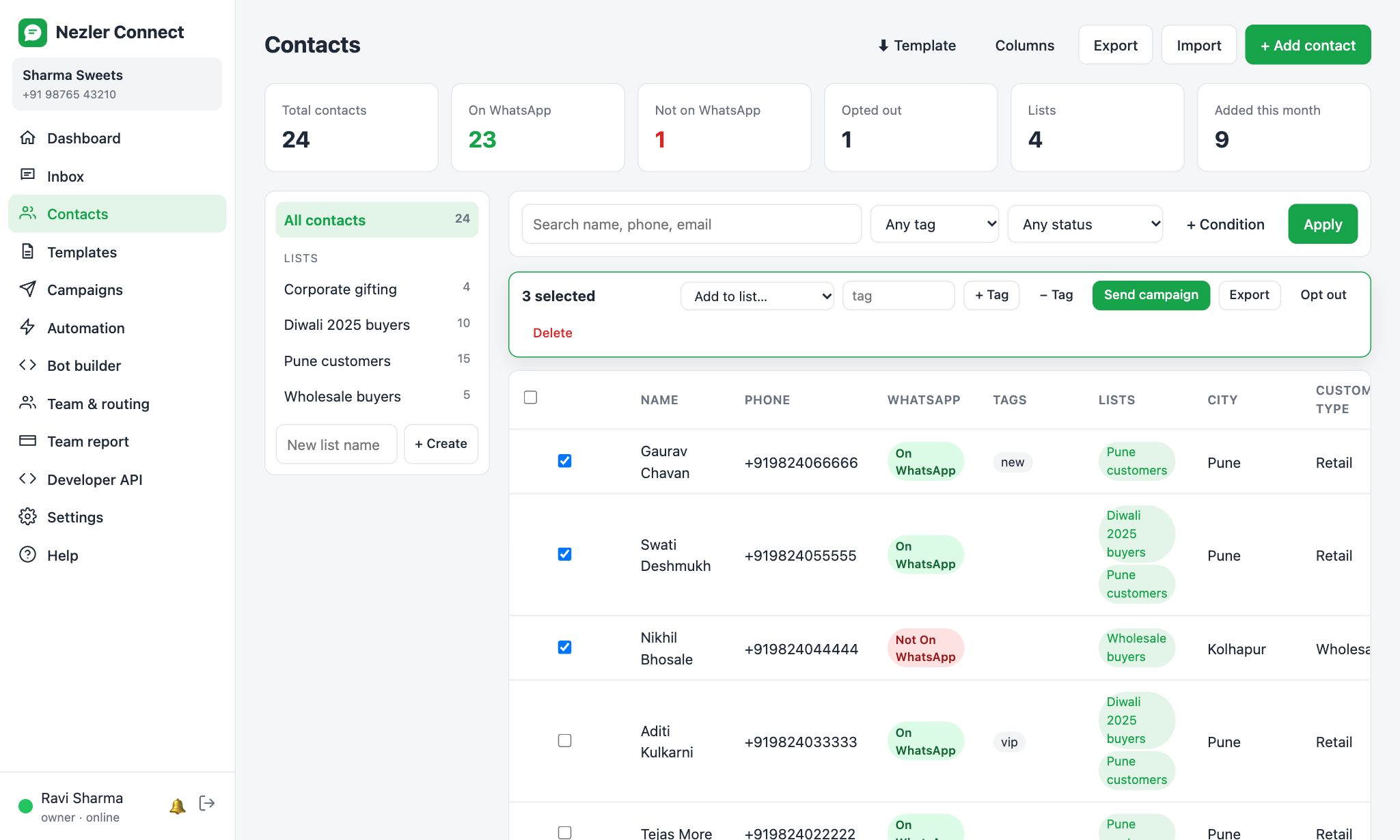 Three contacts selected, with the bulk actions bar