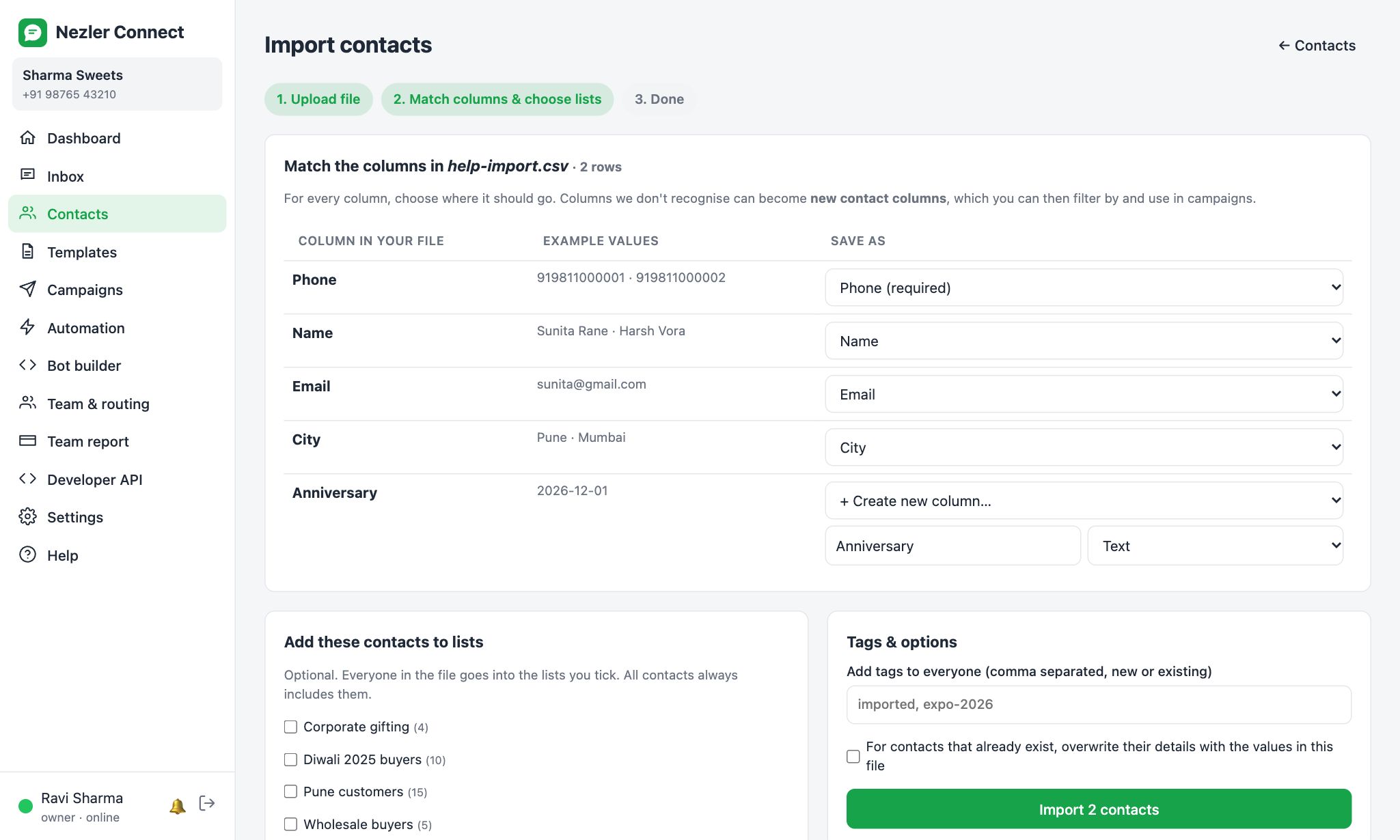 Step 2: match columns and choose lists