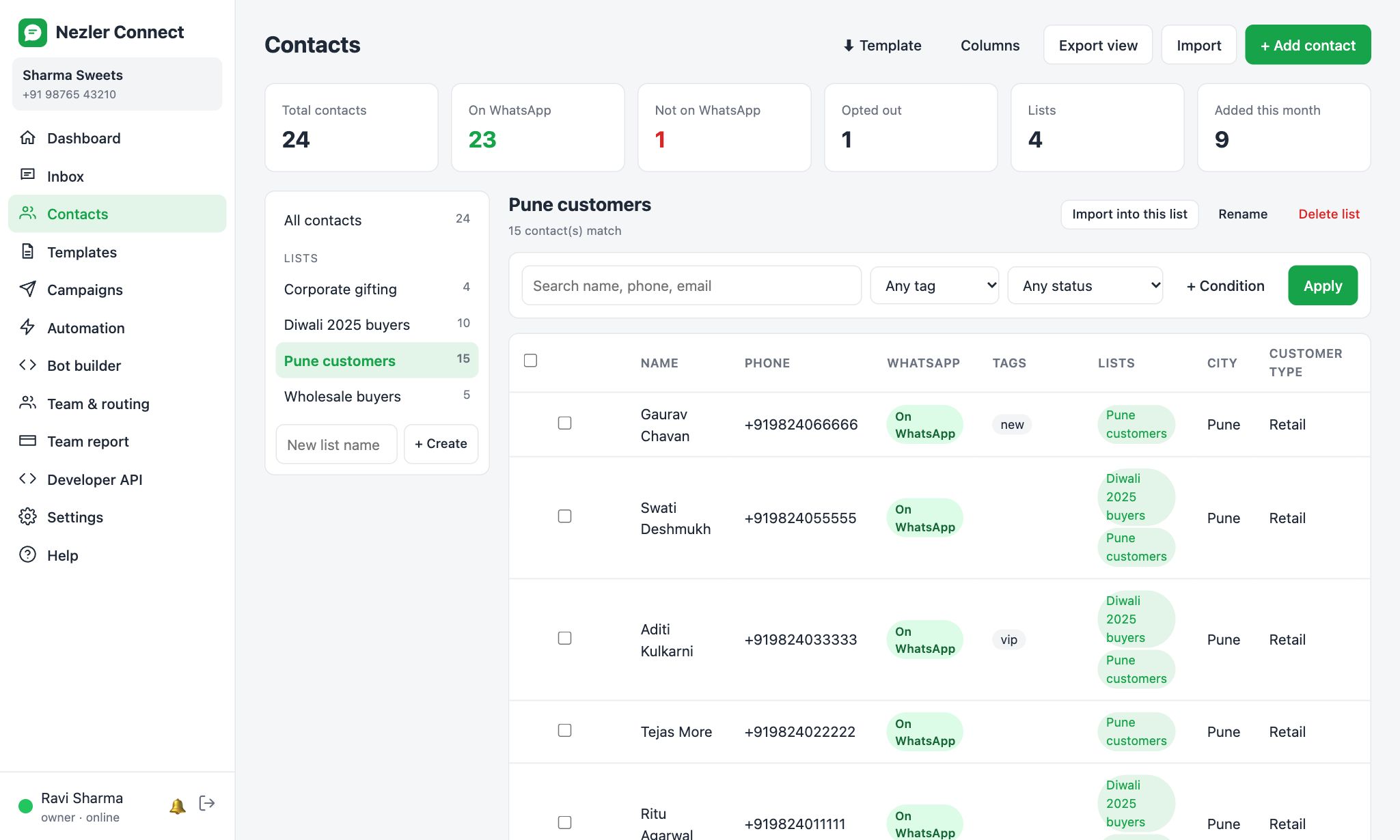 A list open on the Contacts page