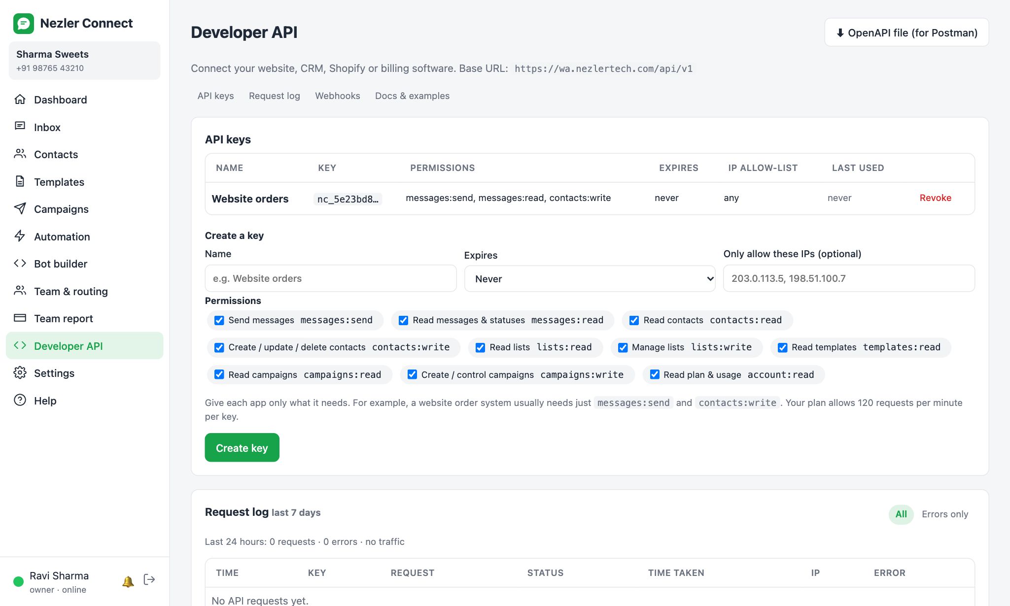 The Developer API page