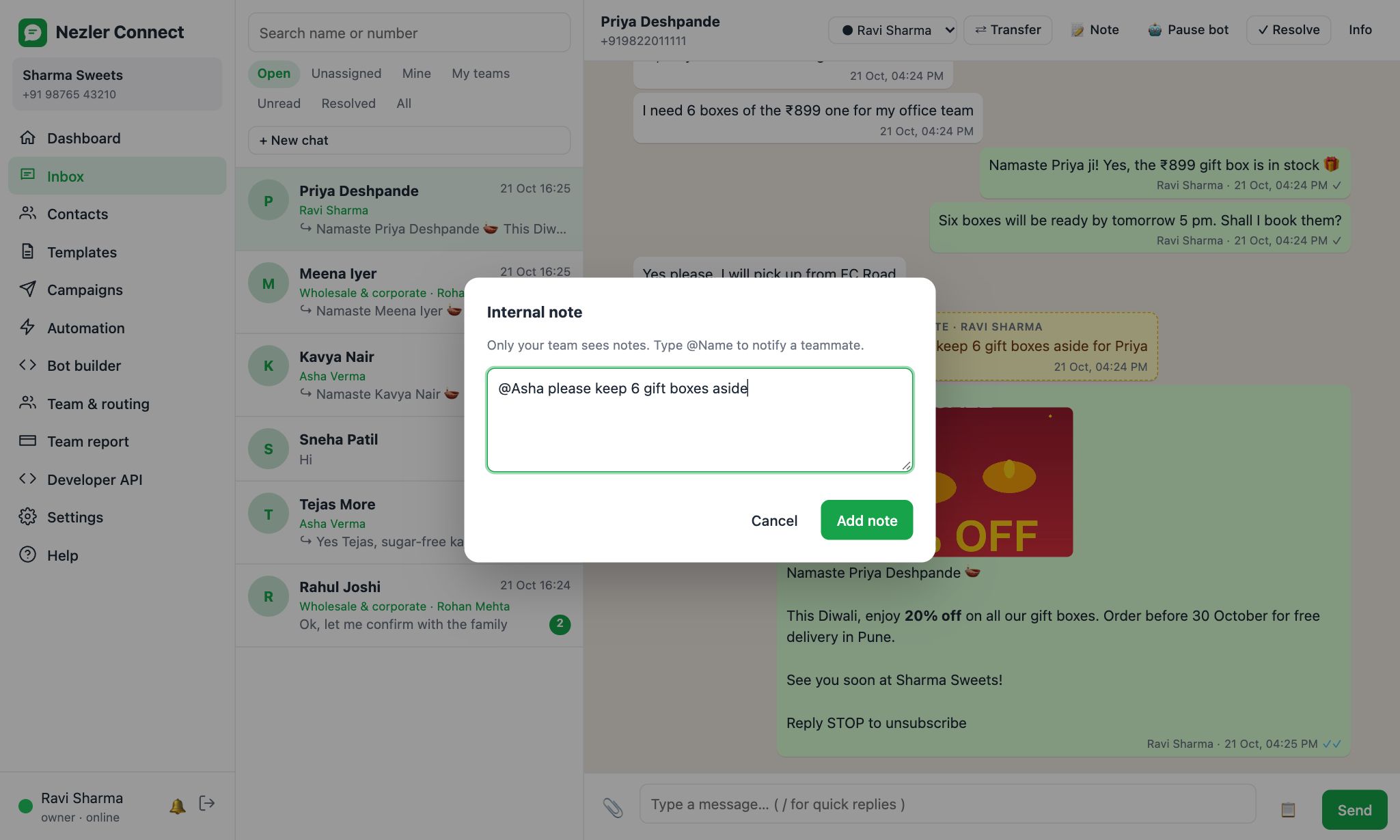 Adding an internal note