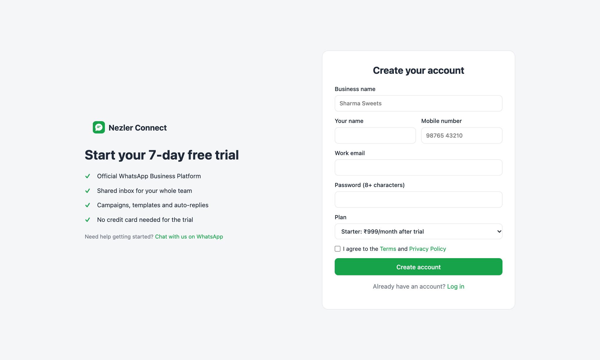 The sign-up page