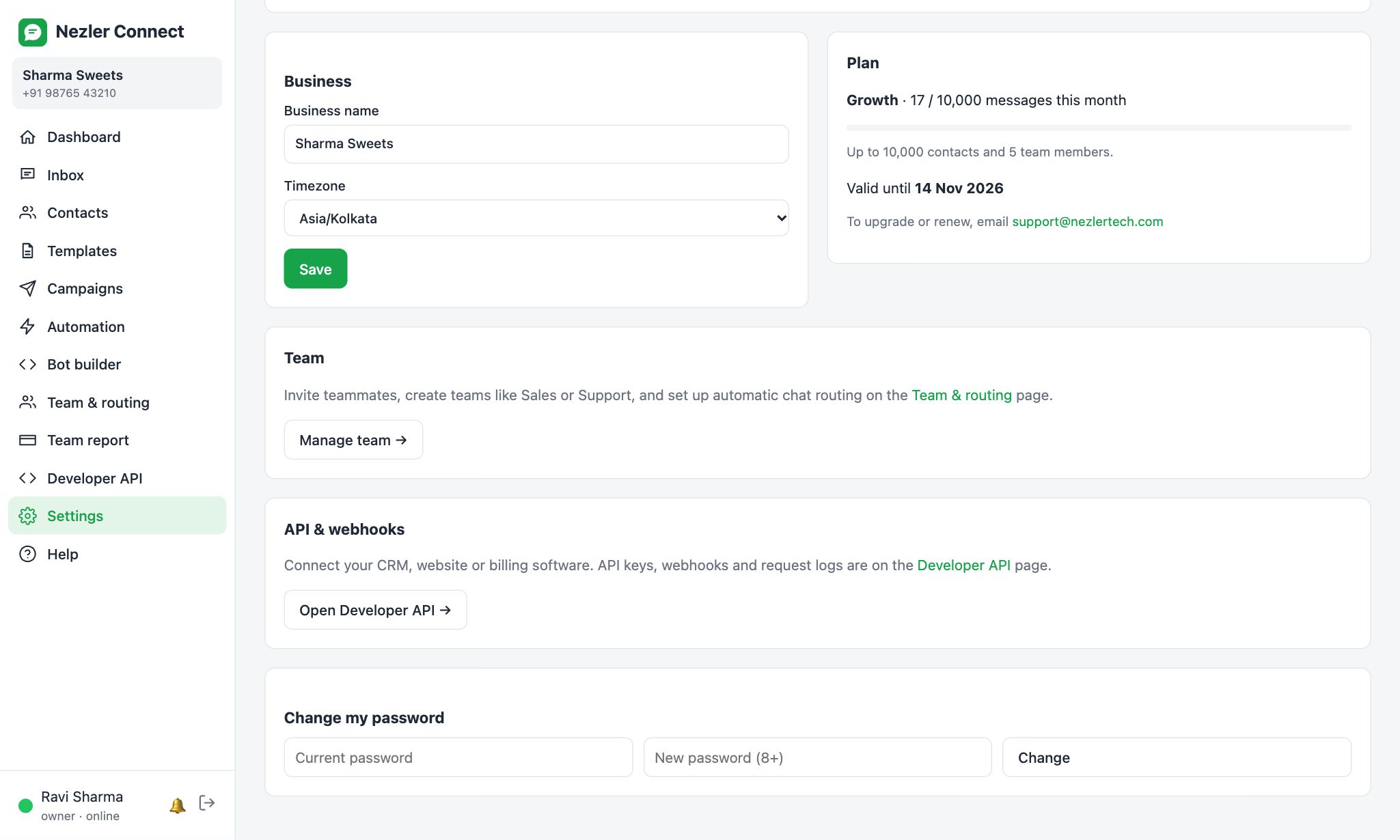 Business settings, plan and password